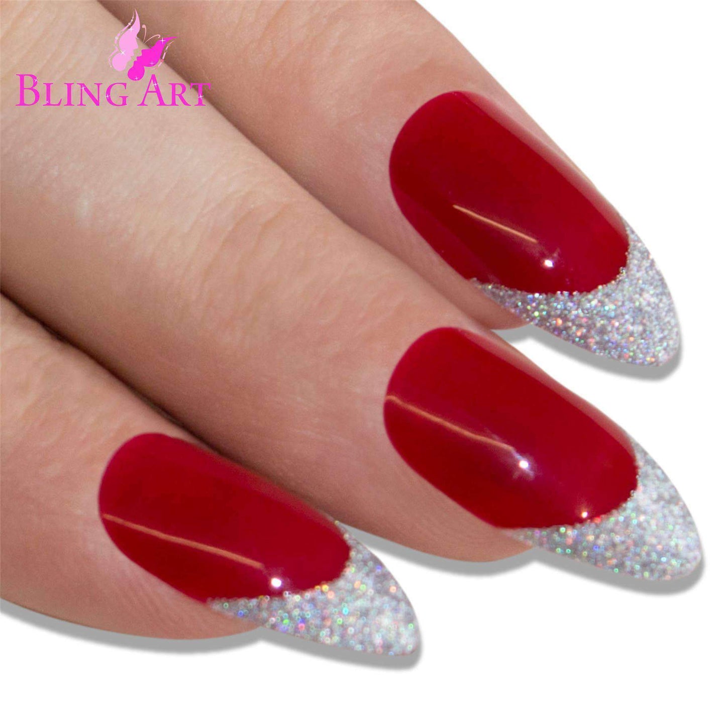 False Nails Bling Art Red Silver Almond Stiletto Long Fake Acrylic