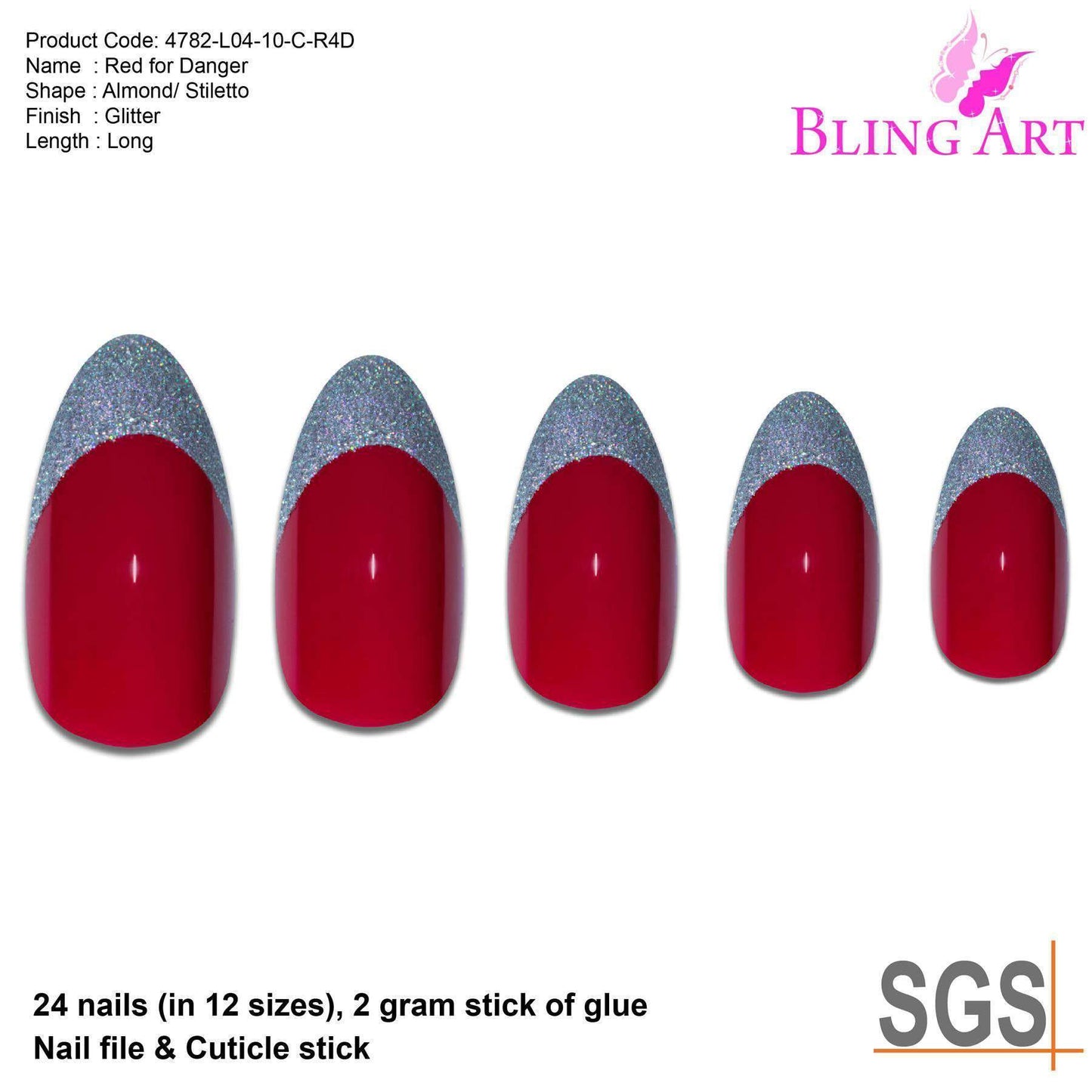 False Nails Bling Art Red Silver Almond Stiletto Long Fake Acrylic