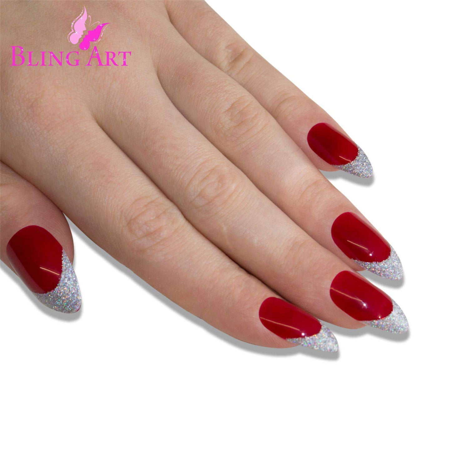 False Nails Bling Art Red Silver Almond Stiletto Long Fake Acrylic