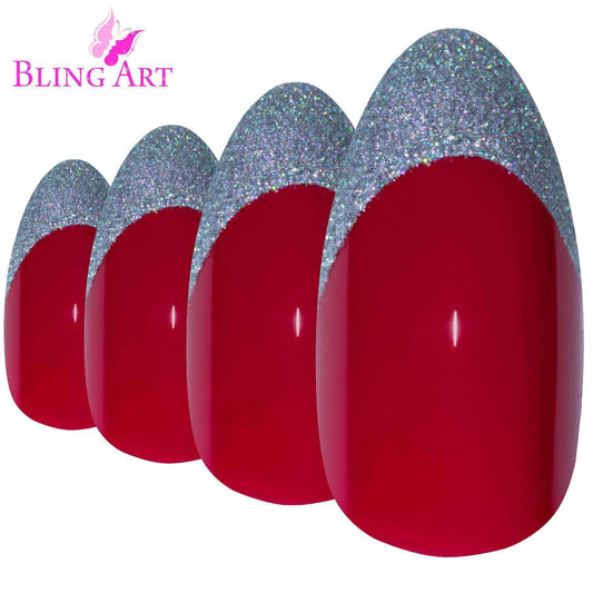 False Nails Bling Art Red Silver Almond Stiletto Long Fake Acrylic