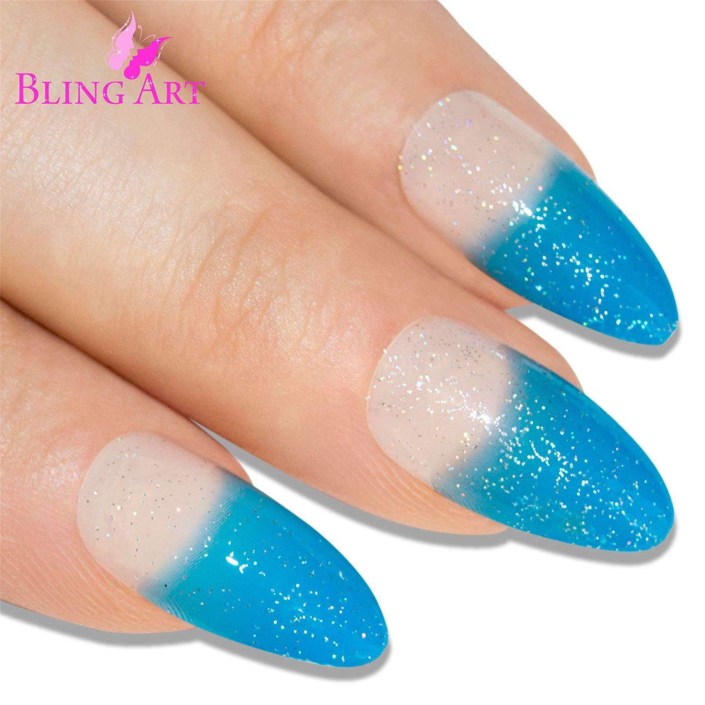 False Nails by Bling Art Blue Gel Glitter 24 Almond Stiletto Long Fake