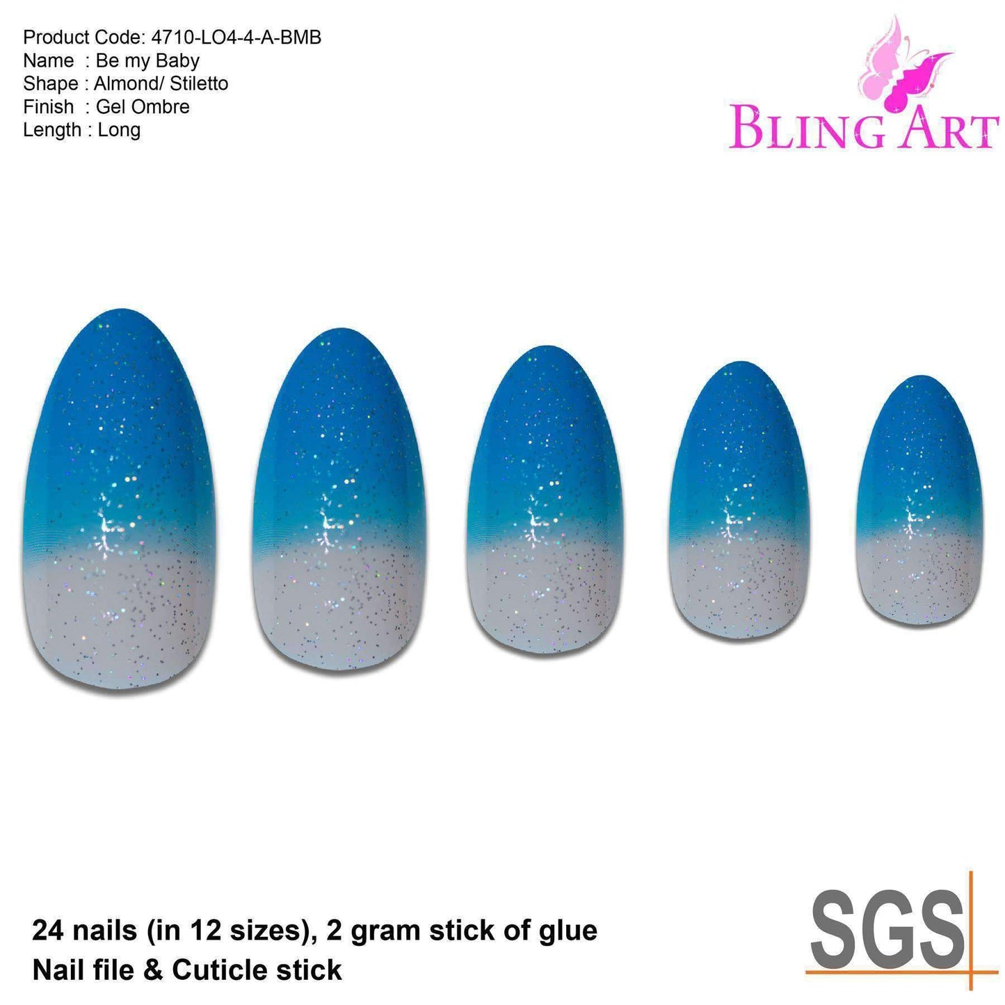 False Nails by Bling Art Blue Gel Glitter 24 Almond Stiletto Long Fake