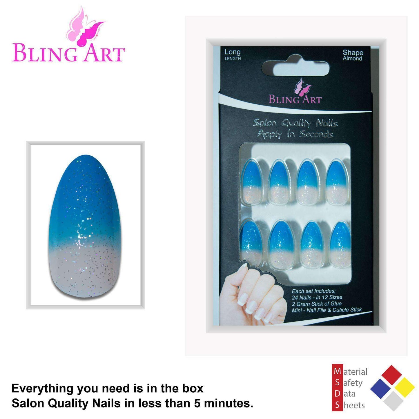 False Nails by Bling Art Blue Gel Glitter 24 Almond Stiletto Long Fake