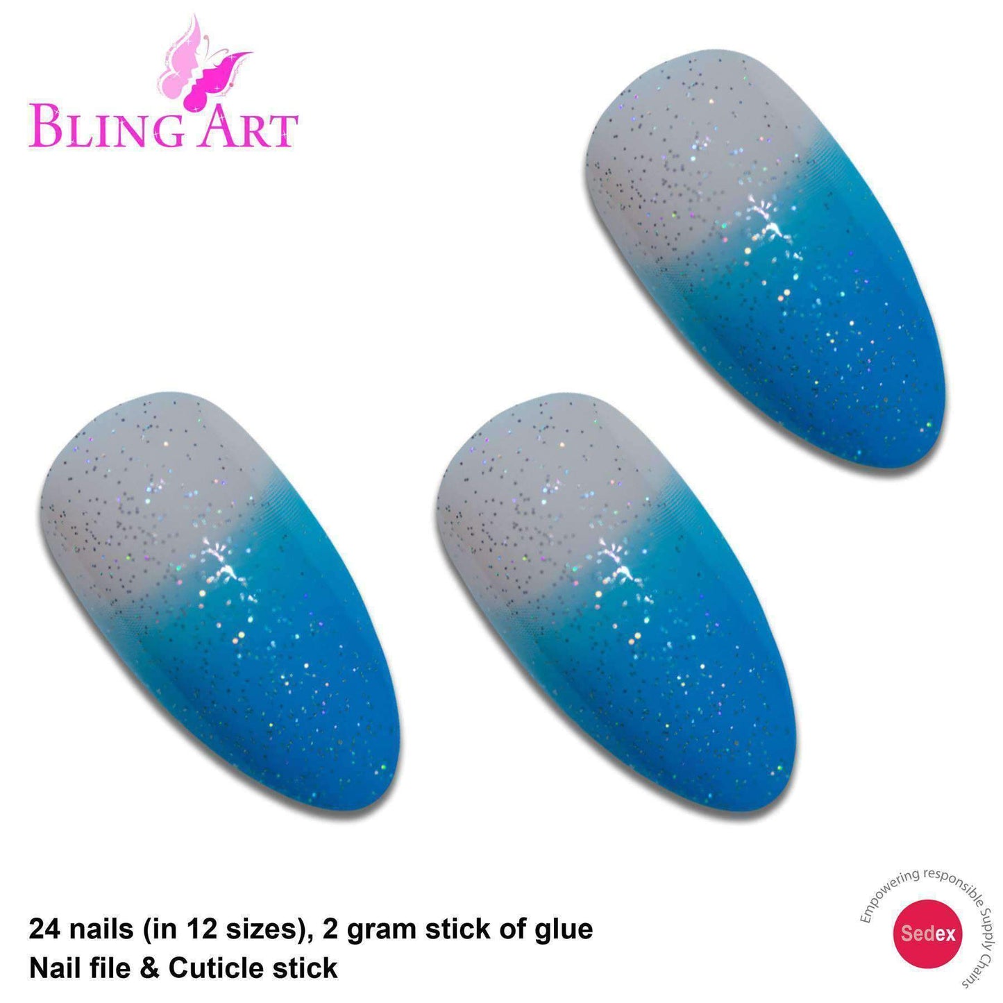 False Nails by Bling Art Blue Gel Glitter 24 Almond Stiletto Long Fake