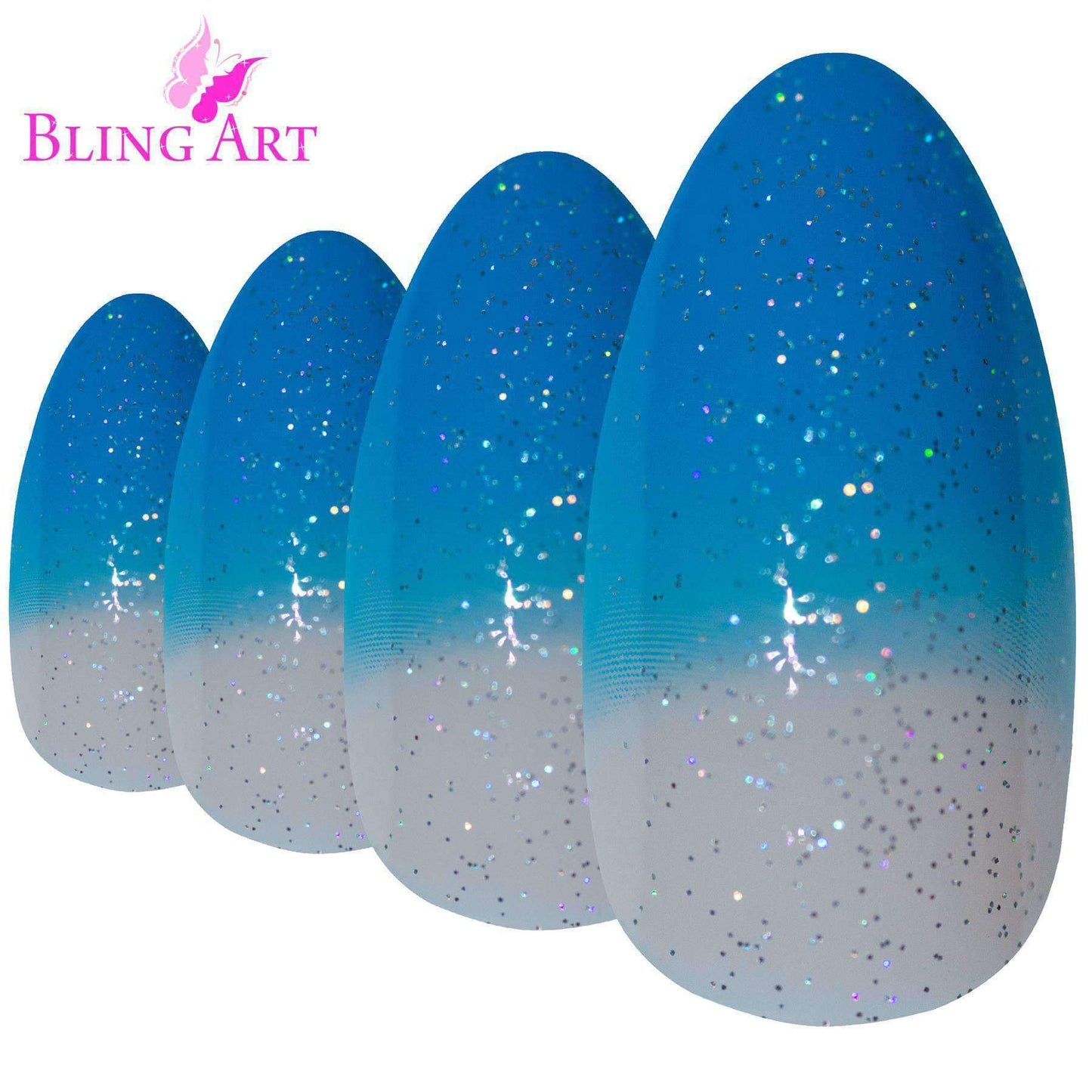 False Nails by Bling Art Blue Gel Glitter 24 Almond Stiletto Long Fake